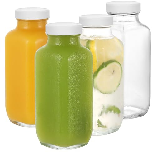 LIMILI Glass Bottles with Lids, 4 pcs Glass Juice Bottles 500ml, Reusable Wide Mouth Glass Bottles with Lids, Clear Glass Juice Bottles for Milk, Warm Cold Drinks, Homemade Beverages (White)