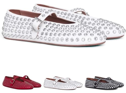 Chaussures de bal ballerines pour femmes avec strass, chaussures Mary Jane à boucle scintillante à bout rond, ballerines ornées de clous (Blanc, 7)
