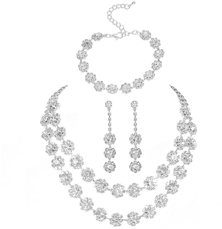 AOWVUTS Conjunto de Joyería Nupcial de Plata, Collar de Diamantes Brillantes Pendientes Colgante Cristal Pulsera Ajustable Juegos de Joyas Circonia Flores para Boda Novia Dama de Honor