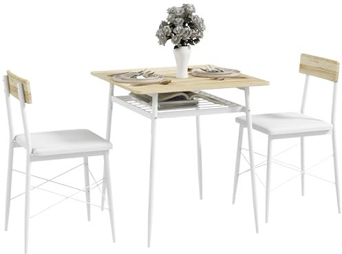 HOMCOM Conjunto de Mesa y Sillas de Comedor de 3 Piezas Mesa de Cocina con 2 Sillas sin Brazos Mesa Rectangular con Estante Abierto Estructura de Acero Blanco y Roble