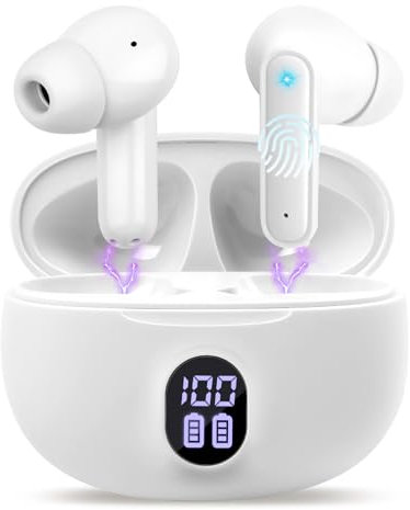 LWMTT Kopfhörer Kabellos Bluetooth,in Ear Kopfhörer Bluetooth 5.3,Weiß LED-Anzeige Headphones IPX7 Wasserdicht Kopfhörer Kabellos,30 H Spielzeit, Noise Cancelling Kopfhoerer USB-C Schnellaufladung ﻿