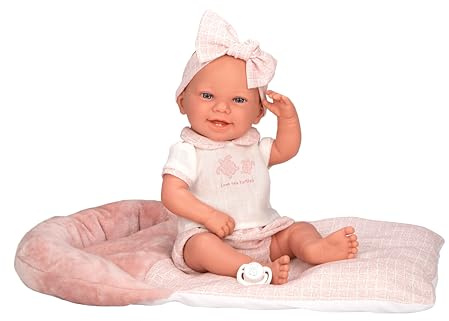 ARIAS Elegance Puppe von ZOE, 42 cm, Vinylkörper und Gliedmaßen, Kleid mit rosa und weißem Set, passendem Kopfband und Kissen, inklusive Schnuller und Kissen, Spielzeug für Kinder Aller Altersgruppen