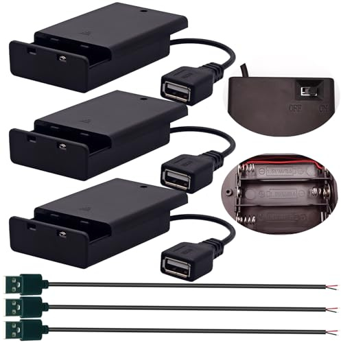 CTRICALVER Batterihållare 3 AA-batterier 4,5 V strömbrytare, batterihållare USB hona hona USB-kabel hane 0,3 m, set x 3 kompatibel LED-remsor DIY