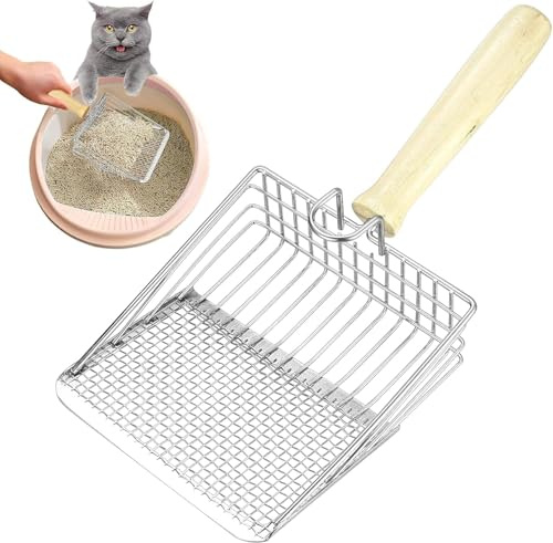 Paletta Lettiera Gatto in Metallo con Manico in Legno, Distanza Maglie 7mm - per Lettiere Agglomeranti - Pala Igienica e Resistente per Gatti, Cani e Piccoli Animali
