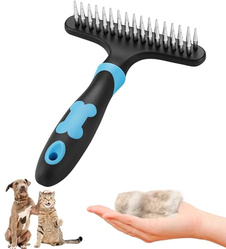 Dog Undercoat Rake, Dog Brushes for Shedding, Deshedding & Dematting Tool for Dogs & Cats - Removes Undercoat from Dog's Coat -Pet Grooming Comb Double Row of Stainless Steel Pins-Blue