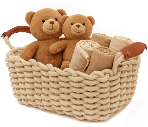 Aufbewahrungskorb Geflochten, Waschbar und Faltbar, Körbchen mit Ledergriffen, Aufbewahrungs box ideal für Accessoires, Kosmetika, das Badezimmer (Braun, L33*W22*H15CM)