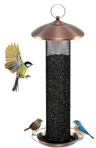 GYMAX Mangeoire Oiseaux Extérieur à Suspendre, Tube Métallique Anti-Écureuils, 3 Couches pour Répartition des Graines, Plateau Fond à Graines avec Trous de Drainage, Capacité 1,6kg