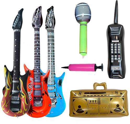 Set da 7 pezzi gonfiabile retrò per feste con 1 ghetto blaster 1 microfono, 3 chitarre, 1 telefono 1 pompa ad aria, perfetto per feste di carnevale 80 anni '90