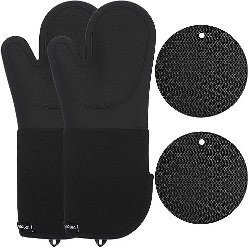 Extra lange Silikon-Ofenhandschuhe, hitzebeständig und Topflappen, rutschfester, strukturierter Griff mit gestepptem Baumwollfutter, perfekt zum Backen, Kochen, Grillen, 1 Paar 38,1 cm (schwarz)