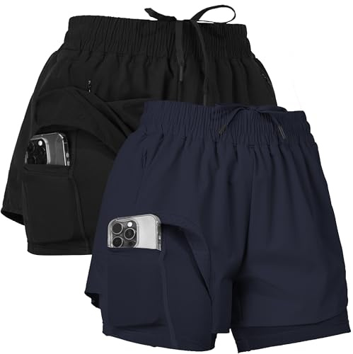 Ultra Performance Womens Running Gym Shorts Women Pack of 2, Nylon Compression Workout Shorts Women with Liner Black, Navy