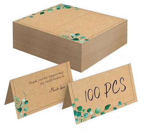 100 Cartes de placement en papier Kraft, petites cartes pliantes avec un design de plantes vertes, cartes de places délicates, cartes vierges pour noms et cartes d'accompagnement pour réceptions