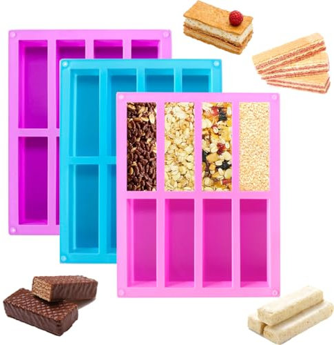 WWYSSZ 3 Pezzi Stampo per Barrette di Cereali, Stampo Rettangolare in Silicone con 8 Cavità, Stampi per Barrette Cereali Proteiche Rettangolari, per Torrone,Cubetti Ghiaccio,Cioccolato,Torte e Sapone