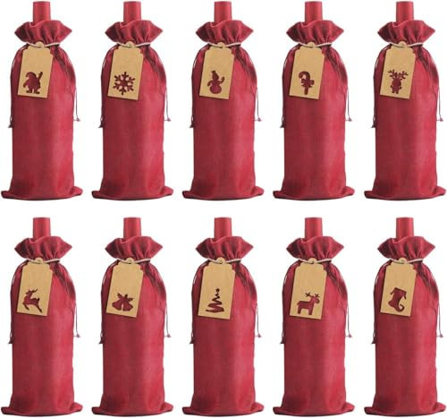 DERAYEE Burlap Wein Geschenk Taschen, 12 Stück Jute Weinflasche Taschen mit Drawstring, wiederverwendbare Weinflasche Abdeckungen mit String und Tag für Weihnachten