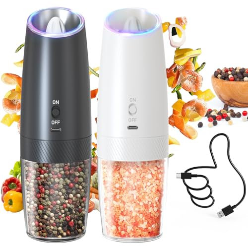 CIRCLE JOY Rechargeable Ensemble de Moulin à Poivre Électrique à Gravité avec Lumière LED Blanche, Grosseur Réglable, Récipient Lavable de 135 ml et Opération à une Main, Noir Blanc