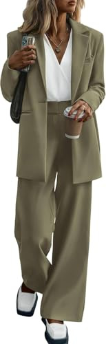Suncadmious Autunno delle Donne Due Pezzi Abiti Blazer Giacca e Pantaloni a Gamba Larga Tasche Business Abito Casual Set (Verde,XL)