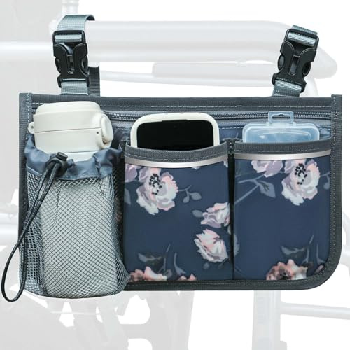 SHIFANQI Wheelchair Bag, Walker Bag, Wheelchair Side Bag, Armrest Organizer Pouch with Cup Holder Attachment and Reflective Strip, Accessories for Most Wheelchairs, Walker, Rollators, Rosa