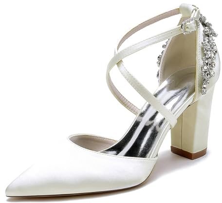 smlekwc Donna Punta Appuntita Décolleté da Sposa con Strass Cinturino Incrociato Sandali per Sposa Tacco Grosso Alto Scarpe da Ballo per Feste,Avorio,35 EU
