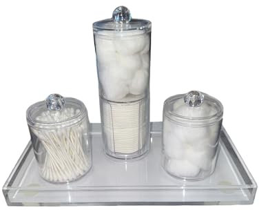 Clear Acrylic Beauty Storage Containers with Lids – Pre-Filled with Cotton Buds, Pads & Balls – Organized Tray for Easy Access – Stylish & Functional Bathroom & Beauty Organizer