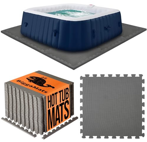 BIGGAMATS EVA Foam Hot Tub Mat | Dark Grey Non-Slip Interlocking Pool Mats | 50 x 1.4 cm Waterproof Outdoor Mats for Hot Tub, Spa & Paddling Pool | Pack of 16