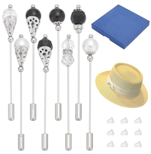 PH PandaHall 8PCS Épingles à Chapeau en Perles de Verre Noires et Blanc 8 Style 7.3cm Épingle à Revers en Laiton avec Perle de Verre Épingle à Long Manche pour Foulards Chapeaux Bijoux Argent Antique