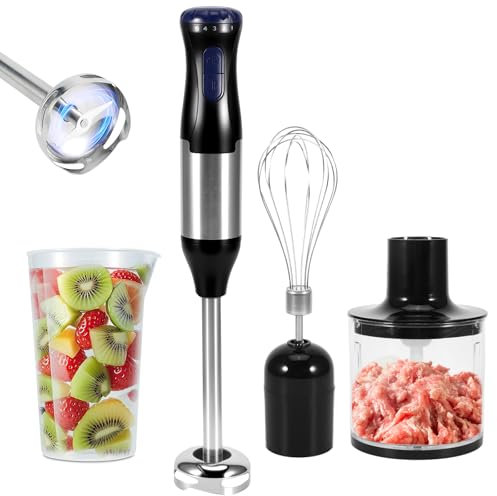 Kinberry 4 in 1 Immersion Blender, 1000W 5 Speed Stainless Steel Hand Blender, Stick Blender, 700ml Measuring Cup, 500ml Food Chopper, Whisk, Milk Frother