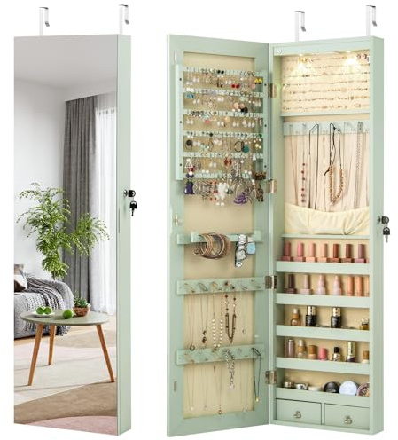 GOPLUS Espejo Joyero, Armario Joyero de Pared o Colgante de Puerta con Espejo de Cuerpo Entero, Luz LED, Cajones, Ranuras para Pendientes y Anillos, Organizador de Almacenamiento para Joyas (Verde)