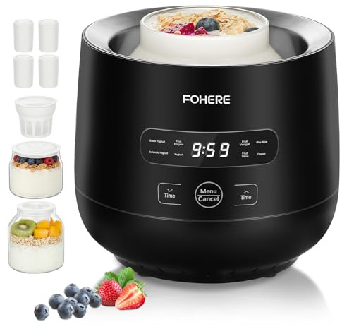FOHERE Yogurtera con 2 XXL Tarros Capacidad de 2000 ml y 1400 ml, 4 * 125 ml Vasos y Tapa, 8 Programas Preestablecidos, Pantalla LCD, Temporizador, Potencia 20 W, Sin BPA