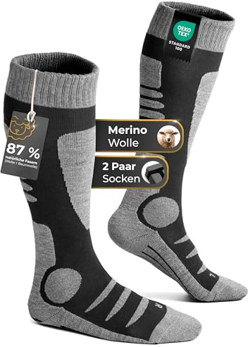 PAIXX Lot de 2 paires de chaussettes de ski en laine mérinos 41-42/43-44/45-46 pour homme et femme - 87 % de fibres naturelles - Agréablement chaudes et super douces - Anti-rayures et respirantes