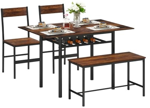 ARTETHYS Essgruppe Esstisch Ausziehbarer 60-120cm mit 2 Stühlen & Bänken, Klappbarer Küchentisch-Set mit Metallgestell Esszimmergruppe, Industrial Sitzgruppe Esszimmer, Ablagefach, Vintage Braun