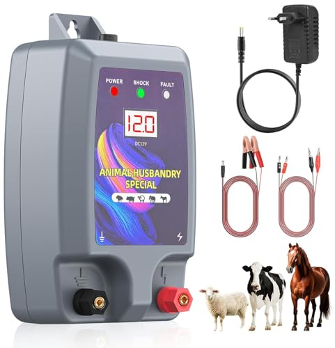 10KM Cerca Eléctrica para Animales, 12kV 2.0J Electrificador de Cerca Eléctrica de Alta Potencia para Protección de Ovejas, Caballos, Jardín, Pastos y Granja (Gris)