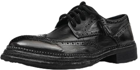 WinDhana Men’s Leather Derby Dress Shoes – Hand-Welted Wingtip Brogue Business Handmade Derby with Leather Cushioned Insole Full-Grain Horsehide G080-3 Black US 6