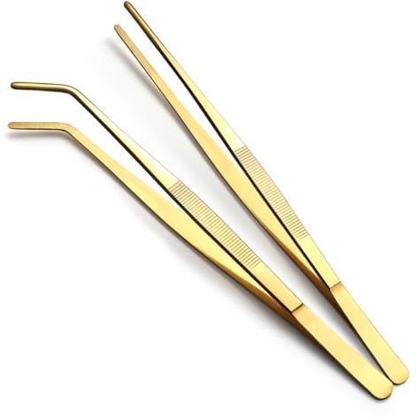 Berglander Kitchen Tweezers Tongs 2pcs, 30.5cm Extra-Long Titanium Gold Plating Stainless Steel Metal Heavy Duty Cooking Tweezers for Chef, Serving Food, Grill, Culinary, Pasta, Salad, BBQ