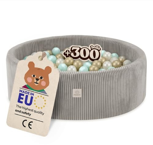 MISIOO Bollbad Baby 90 x 30 cm med 300 bollar – premiummaterial, avtagbart överdrag, manuellt tvättbart vid 30 grader – perfekt för barn 1–3 år – Kul bollbadbollar