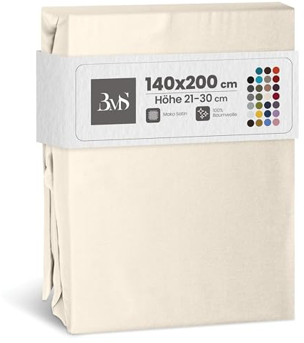 Bettwaesche-mit-Stil Mako Satin Spannbettlaken Spannlaken Spannbetttuch (140 cm x 200 cm, Matratzenhhöhe 21-30cm, Natur)