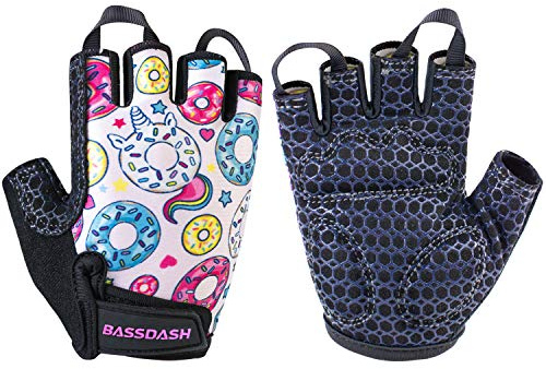 BASSDASH UPF 50+ Kids' Gloves with Padded Grippy Palm UV Protection for Bicycles Fishing for 1-8 Years Old Boys Girls (Donuts, X-Large)