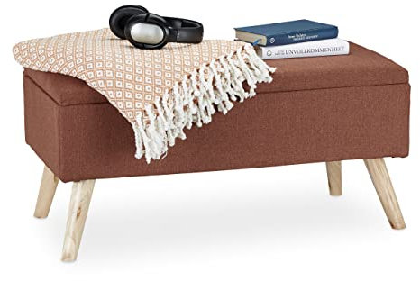 Relaxdays, braun Sitzbank mit Stauraum, gepolstert, Holzbeine, Truhenbank Stoffbezug, H x B x T: 39,5 x 79,5 x 39,5 cm, 1 Stück