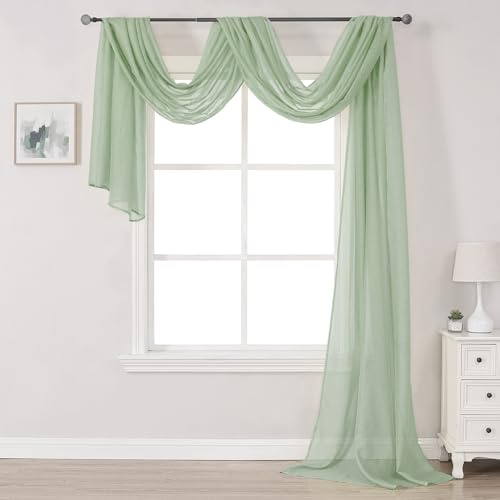 DONREN Sage Green Sheer Window Scarf Valance - Luxury Soft Semi Sheer Scarf for Window Wedding Arch Sheer Curtains (1 Panel, 52 x 216 Inch Length)