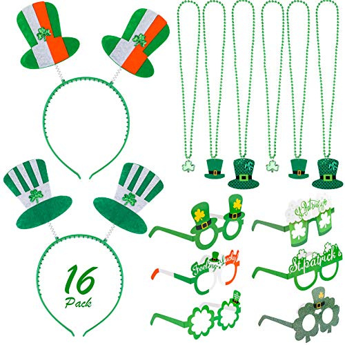 Qpout 16 Stück St. Patrick's Day Zubehörset, 6 Shamrock Halskette, 6 Dekoration Brillengestelle, 4 Stirnband für Kinder Frauen Männer St. Patrick's Day Party Kostümdekoration