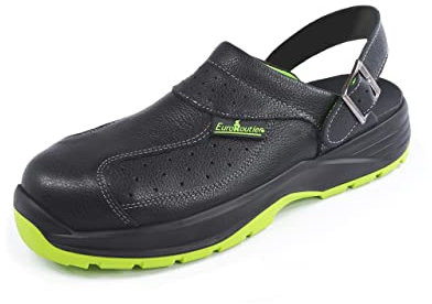 EuroRoutier Premium Fenix Black Echtes Leder, Clogs, Sicherheitssandalen SB+A+E+FO+SRC, Schwarz, 41 EU