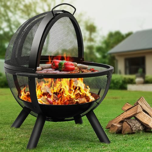 Ikuby Ball of Fire Pit fire Ball with BBQ Grill fire Globe Pit Large Round fire Pit,Patio Fire Pit Fireplace for Camping, Heating, Bonfire and Picnic, Black, 33.85*32.67*35in, (BLKFP-001)