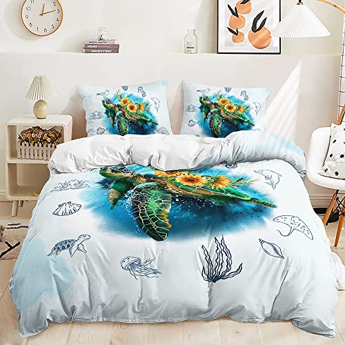 Lunoroey Turtle Duvet Cover King Size Bed Turtle Jellyfish Develfish And Sea Animals Printed Bedding Set with Pilowcase Soft Easy Care Quilt Cover Set White