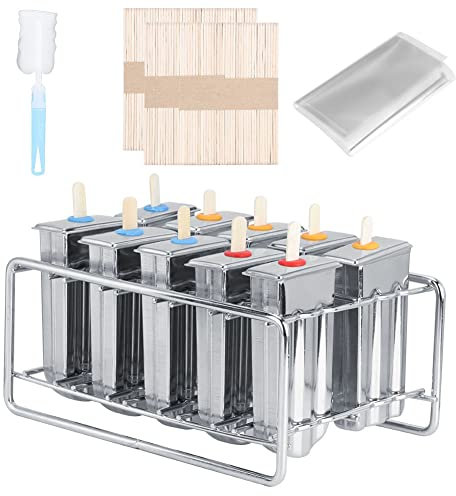 Yuehuamech 10 moldes de acero inoxidable para helados, herramienta para hacer paletas con palos, bolsas de almacenamiento, cepillo, para hacer paletas, para hacer helados, congelador