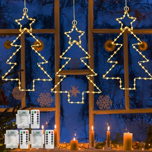 Jsdoin Christmas Window Lights 3 Packs Battery Operated Christmas Tree Lights with 8 Modes & Remote 45 LED Window WWarm Light for Party Indoor Outdoor Window Xmas Decoration (Warm White)