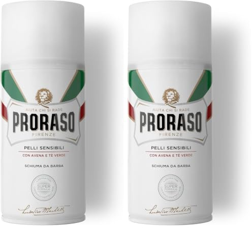 Proraso Espuma afeitar, 300 ml, crema afeitar que protege la piel sensible, gel afeitar nutritivo con extractos de avena y té verde, blanco (Paquete de 2)