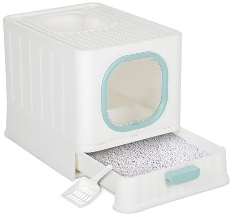 The Fellie Cat Litter Box Litter Tray, Large Space Foldable Litter Tray with Lid, Kitten Litter Tray with Drawer Pan and Scoop, Hooded Cat Litter Tray, Odor Control Easy Clean Cat Litter Box, Blue