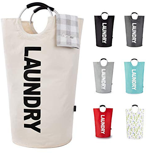 Caroeas 100L Laundry Basket,Large Laundry Hamper, Laundry Bag with Padded Handles, Clothes Hamper Stands Up Well, Collapsible Free Standing Easy Storage Washing Bin (Beige,100L)