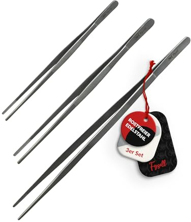 Fysell – 3er Set Kochpinzette 30, 35 und 50 cm extra lang zum Kochen, Grillen & Backen – Grillpinzette aus rostfreiem Edelstahl spülmaschinenfest – Küchenpinzette zum Dekorieren, Anrichten & Wenden