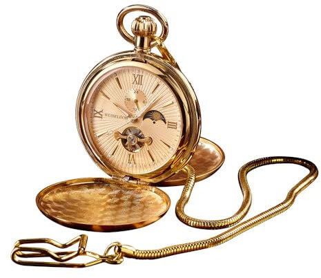 Wesseldon Automatik-Taschenuhr Esprit du Temps – Goldfarbenes Metall, Sprungdeckel, Mineralglas, 24 Stunden/Tag-Nacht-Anzeige, Stundenindizes, Fluoreszierende Zeiger