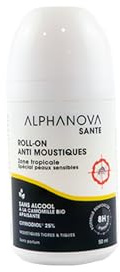 ALPHANOVA Roll On Anti moustiques Naturel - Sans Alcool - spécial peaux sensibles - Zone Tropicale - Forte protection - 50ml - 8h d'Efficacité