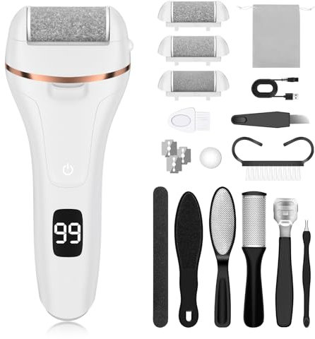 Hornhautentferner Elektrisch - Hornhaut Entfernen Fuß - Fusspflege Set Professionell mit 3 Ersatzrollen 2 Gear Hornhautentferner Pediküre Hornhautfeile Callus Remover für Fußpflege (Weiß)